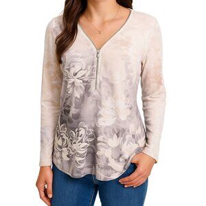Soft Surroundings Womens M Floral Zip Front Long Sleeve Top Gray Beige Stretch